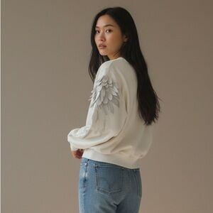 Embroidered Angel Wings Cream Crewneck Sweater US S/M Coquette Boho Angelcore